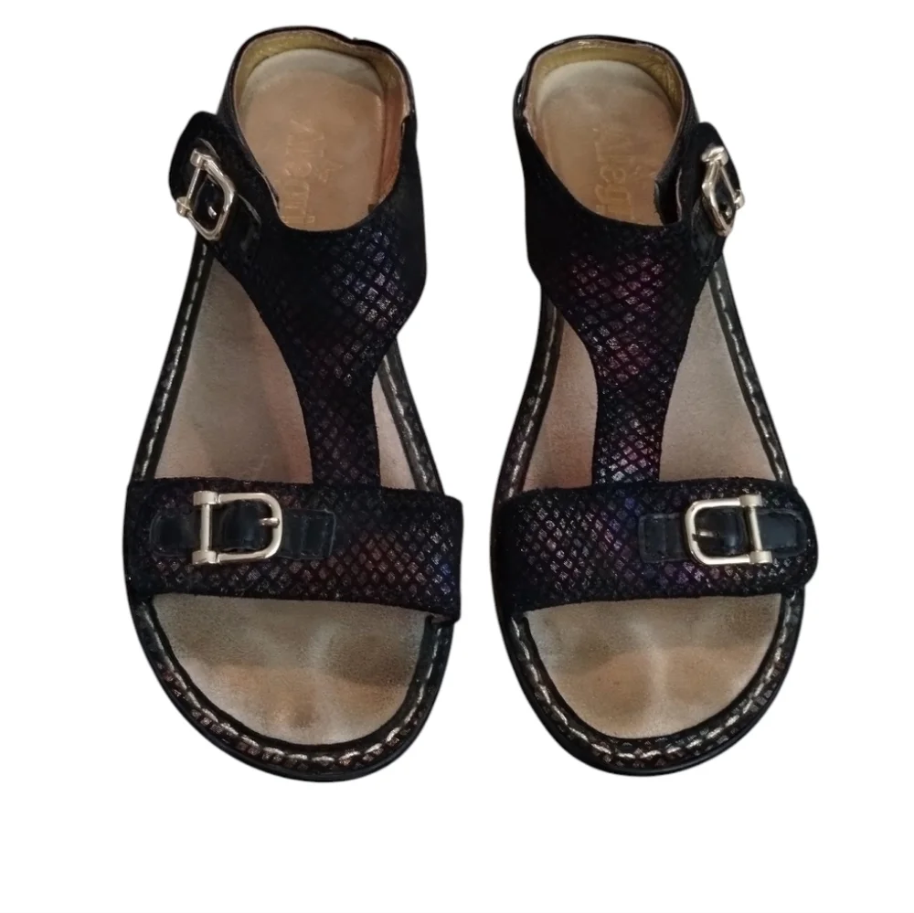 Algeria Women’s Lara T-Strap Wedge Sandals Black & Gold Metallic Size 37